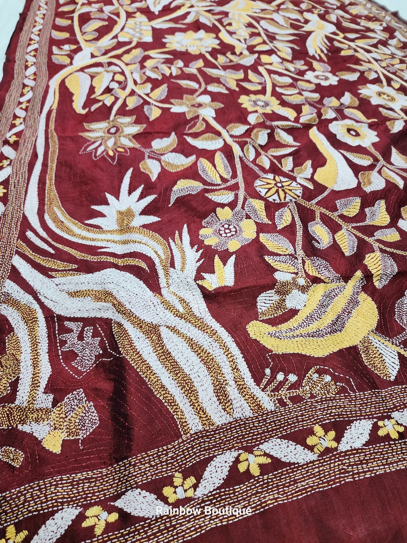 Parrot Motif Kantha Hand Embroidery Dupatta on Pure Silk, Exclusive