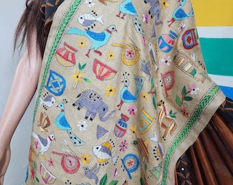 Handspun Tussar Silk Scarf, Kantha Embroidery, Animal Motif