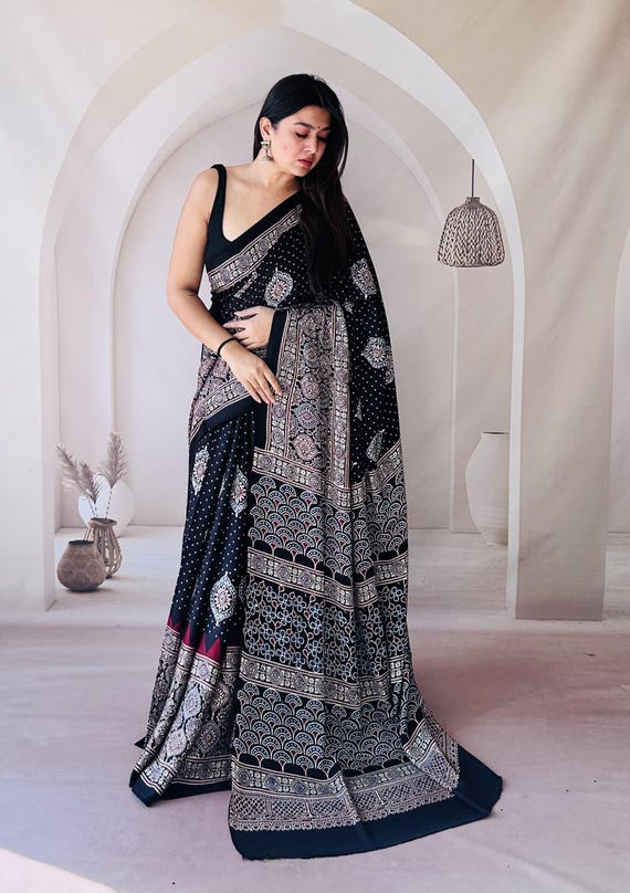 Ajrakh Modal Silk Saree: Hand Block Printed Designer Saree with Blouse