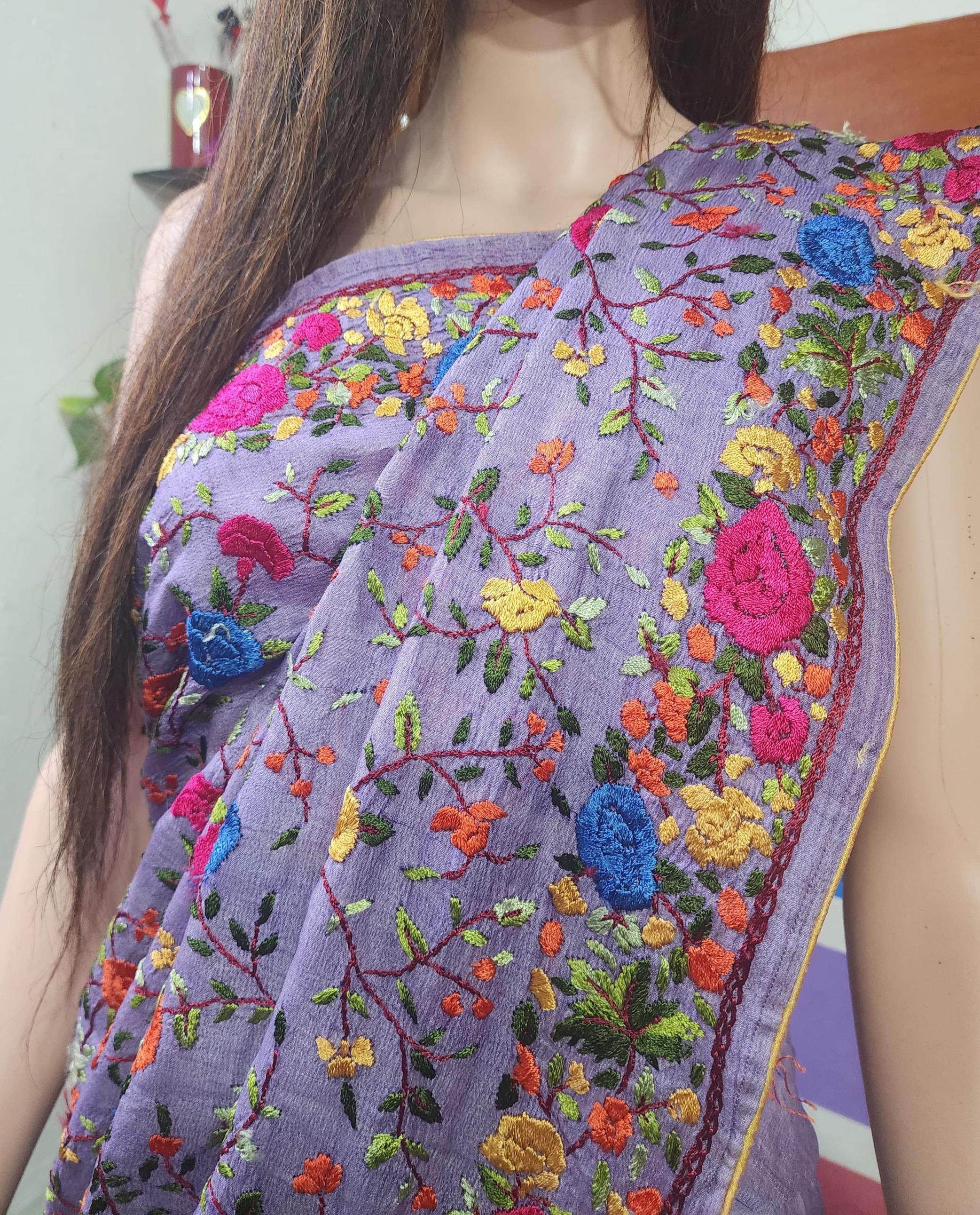 Floral Parsi Stitch Tussar Silk Saree: Hand Embroidered Violet Pastel