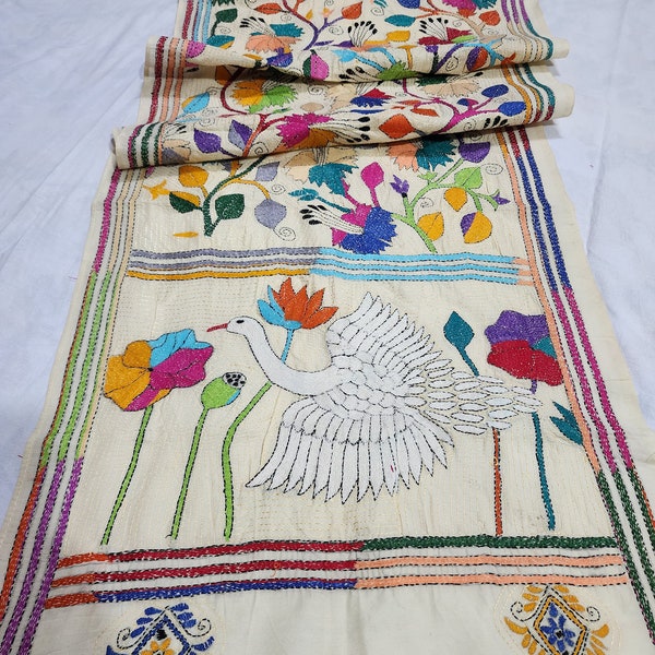 Floral Kantha Stitch Stole or Dupatta for Women, Semi Silk Stole, Nakshi Kantha Hand Embroidery Dupatta, Kantha Stitch Stole, Heron Kantha