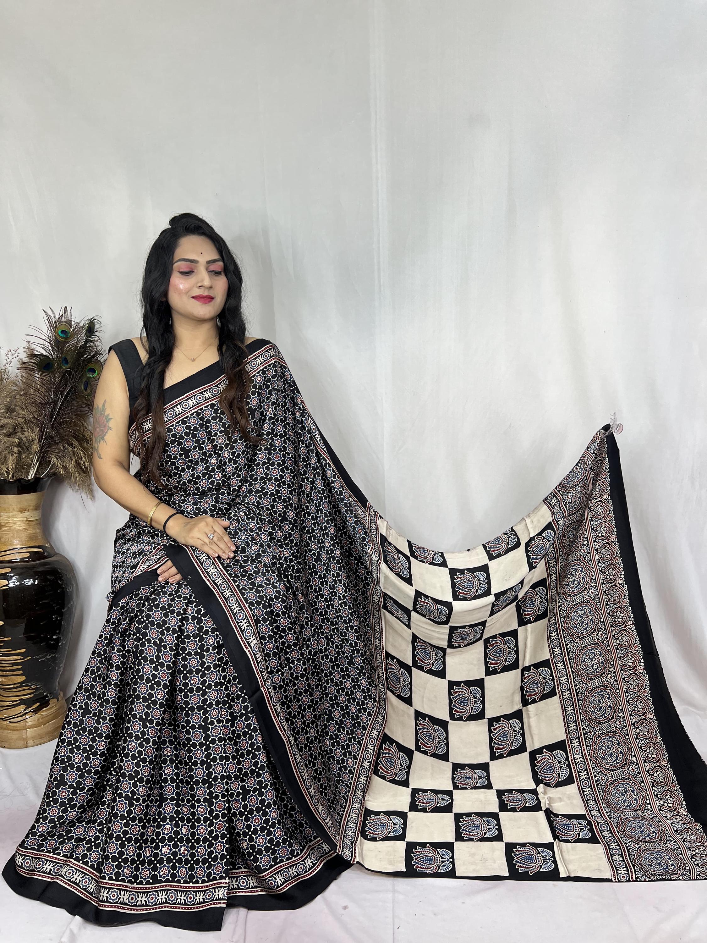 Black Ajrakh Modal Silk Handwork Saree - Circles Pattern main image 0