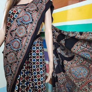 Designer Ajrakh Hand Block Modal Silk Saree: Vegetable Dye Partywear