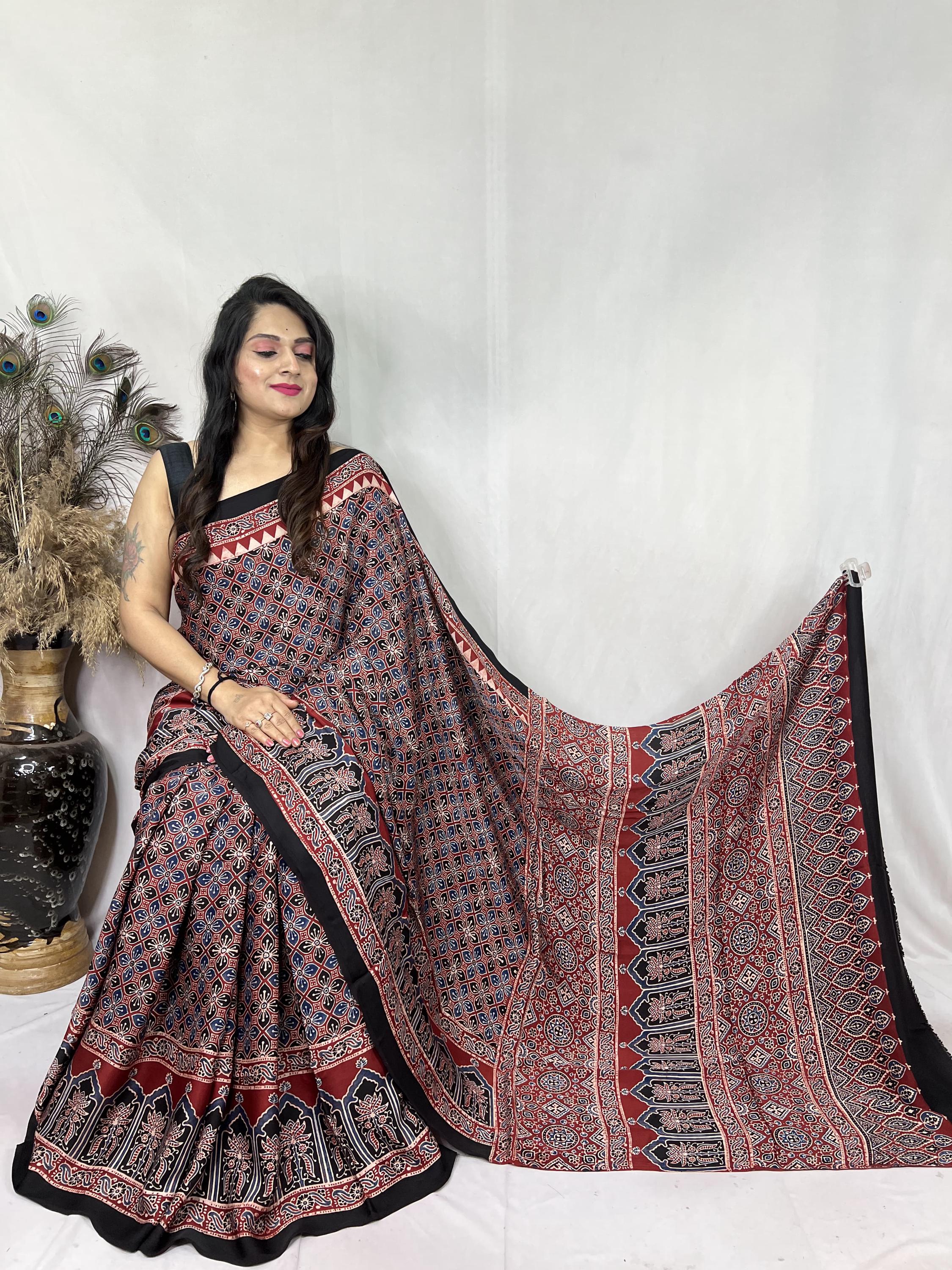 Tenaaro  Ajrakh Hand Block Printed Modal Satin Saree