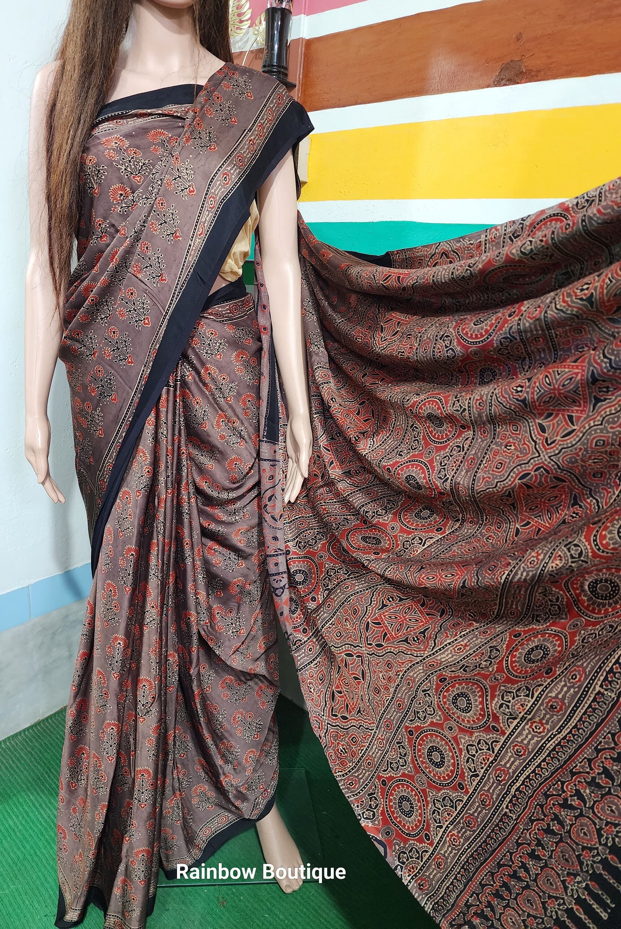 Maroon Pure Modal Silk Ajrakh Printed Kurta Dupatta Set (Unstitched) | Premium Artisan Crafted Dress Material main image 1