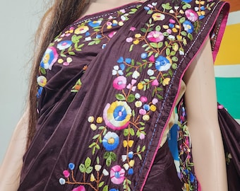 Royal Blue Bangalore Silk Saree: Hand Embroidered Parsi Bullion Floral Design