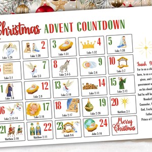 Può includere: Un calendario dell'Avvento natalizio con illustrazioni e versetti biblici. Il calendario presenta caselle numerate con immagini di angeli, della natività e altri simboli religiosi. Le parole "Christmas" e "Advent Countdown" sono in alto.