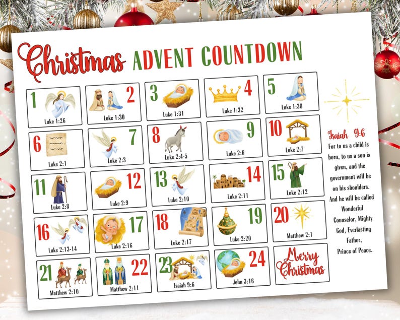 Scripture Advent Calendar Printable, Christmas Countdown Calendar ...
