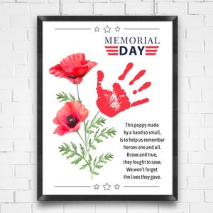 Arte para impressão de mão do Memorial Day, atividade de artesanato do Dia Nacional da Papoula para bebês e crianças pequenas, sala de aula de creche pré-escolar, presente de lembrança
