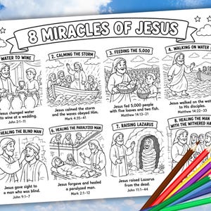Op de afbeelding: Een zwart-wit kleurplaat met de titel 8 Miracles of Jesus met acht geïllustreerde scènes met bijschriften en bijbelverwijzingen, vergezeld van een set kleurpotloden die diagonaal in de rechterbenedenhoek zijn gerangschikt.