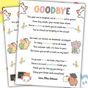Poema de fin de curso: regalo de maestro a alumno, carta de despedida para niños, último día de clases, tarjeta de graduación de preescolar.