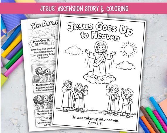 Ascension Of Jesus Coloring Page Printable, Jesus Ascends To Heaven Bible Story Craft, Sunday School Activity, Preschool Kids Bible Lesson