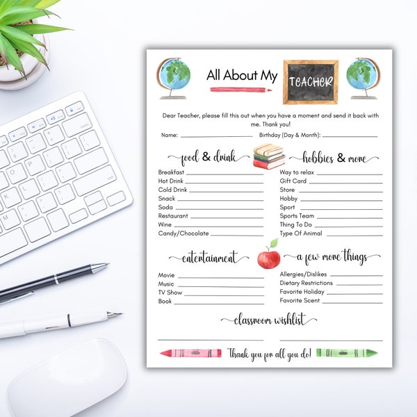 All About My Teacher Printable Questionnaire, Teacher Favorite Things Form, Teacher Survey Template, Teacher Appreciation, Gift Ideas