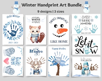 Paquete de arte con huellas de manos de invierno, manualidad con huellas de manos de invierno, imprimible, temporada de invierno, huella de mano de muñeco de nieve, actividad para niños de preescolar y niños pequeños