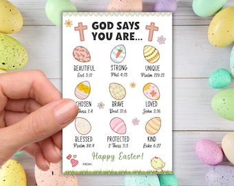 Bible Verse Easter Cards, Printable God Says You Are Scripture Easter Card, Christian Easter Card For Kids, Easter Candy Basket Gift Tag