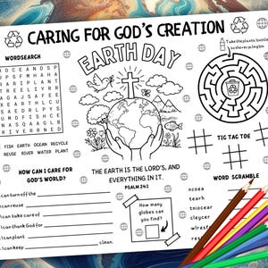 Può includere: Foglio di attività per la Giornata della Terra in bianco e nero con il testo "Caring for God's Creation". Include una ricerca di parole, un labirinto, tris e un gioco di parole. Matite colorate sono disposte in basso a destra.