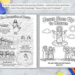Dibujo para colorear de la Ascensión de Jesús para imprimir, manualidad sobre la historia bíblica de Jesús al cielo, actividad para la escuela dominical, lección bíblica para niños en edad preescolar. imagen 2