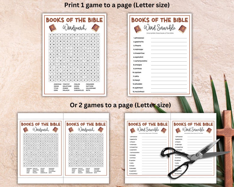 Pu&ograve; includere: Set di giochi della Bibbia stampabili con due opzioni: una ricerca di parole e una parola mescolata. La ricerca di parole presenta una griglia con lettere e la parola mescolata contiene un elenco di libri della Bibbia da decifrare.