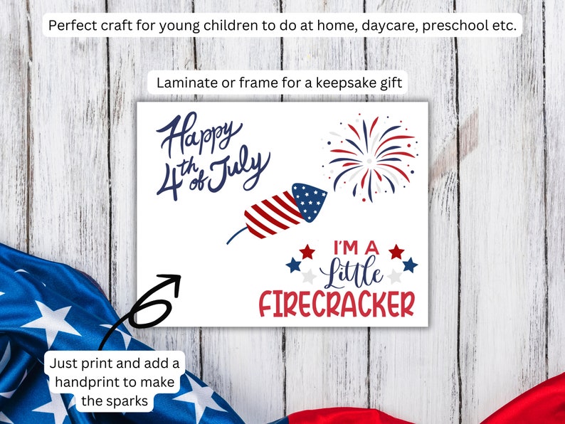 May include: A printable craft for children featuring a red, white and blue firework with the text "Happy 4th of July" and "I'm a Little Firecracker".