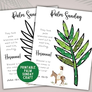 Puede incluir: Dos impresiones en papel blanco con el texto "Palm Sunday" en escritura cursiva. Una impresión presenta un contorno de rama de palma negra, la otra una manualidad de rama de palma verde y negra. El texto incluye "Hosanna!" y versículos bíblicos.