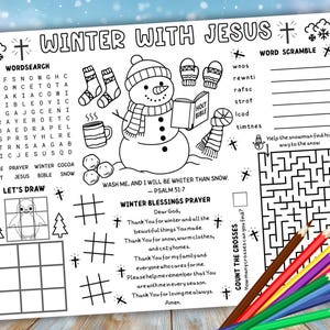 May include: A black and white activity sheet titled "Winter With Jesus" featuring a snowman, word search, word scramble, maze, and a winter blessings prayer. Includes a drawing activity and a count the crosses game.