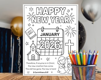 New Year's Bible Coloring Page Printable, 2 Cor 5:17 Memory Verse, NYE Noon Year's Eve Party Table Activity, Sunday School Kids Bible Lesson