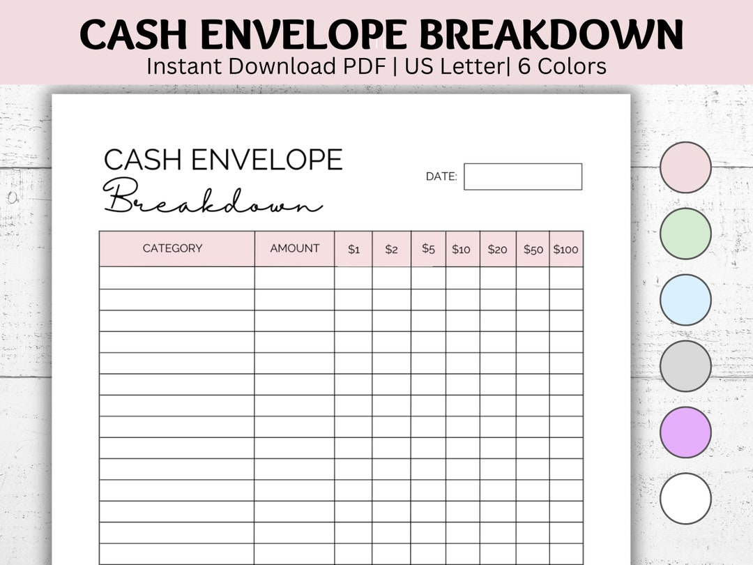 Cash Envelope Breakdown Printable Cash Tracker Template Cash Etsy