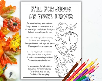 Puede incluir: Página para colorear en blanco y negro con el texto "FALL FOR JESUS HE NEVER LEAVES". La página incluye ilustraciones de una calabaza, hojas, una biblia, un pastel y una ardilla. Lápices de colores en la esquina inferior derecha.