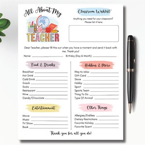 All About My Teacher Printable Questionnaire, All About Me Template, Teacher Favorite Things Form, Survey Template, Teacher Appreciation