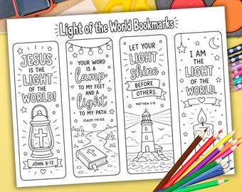 Marque-pages à colorier Lumière du monde, imprimables, activité pour enfants chrétiens, VBS école du dimanche, Jésus est l'artisanat de lumière (téléchargement numérique)