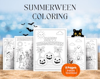 Summerween Coloring Pages Printable, Summer Halloween Coloring Activity For Kids, Cute Spooky Holiday Coloring Book, Summerween Kids Party