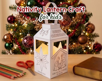 Nativity Paper Lantern Craft Printable, Christian Christmas Coloring Craft for Kids, Birth Of Jesus Bible Craft, Sunday School Activity