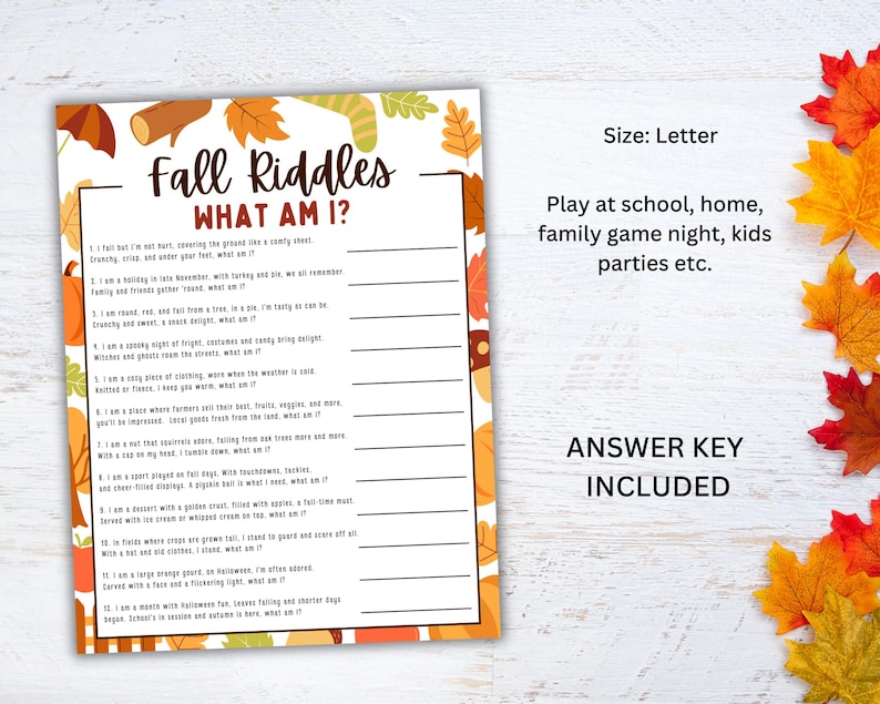 Fall Riddles Puzzle Fall Riddles Game for Kids, What Am I Game, Printable Fall Game, School ...