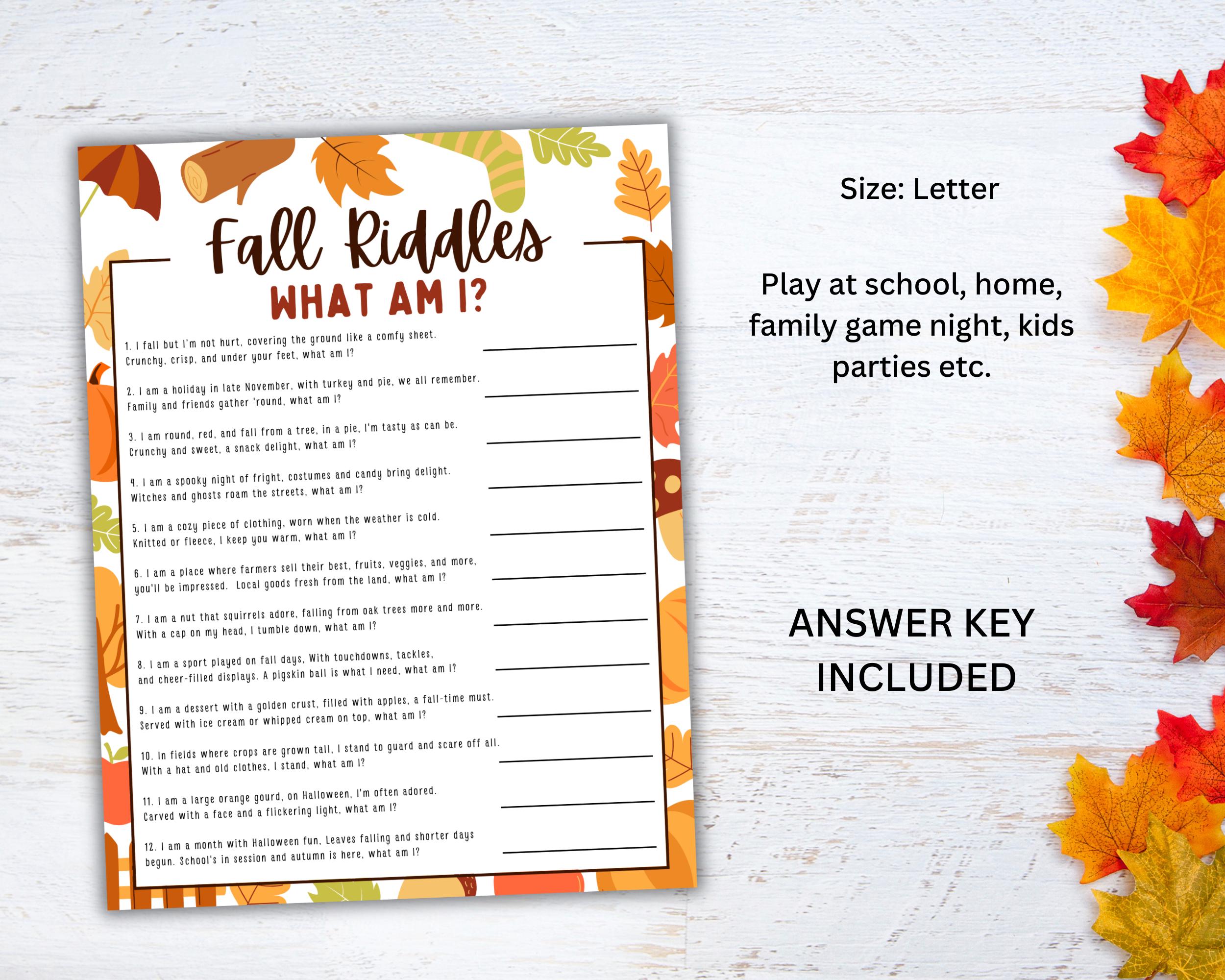 Friday Fall Riddle Fall Riddles Game for Kids, What Am I Game, Printable Fall Game, School ...
