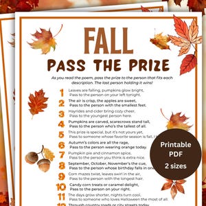 Op de afbeelding: Een afdrukbaar PDF-spel genaamd "Fall Pass the Prize" met herfstthema-afbeeldingen. Het spel bevat een gedicht met aanwijzingen om een prijs door te geven. Het ontwerp toont herfstbladeren en eikels.