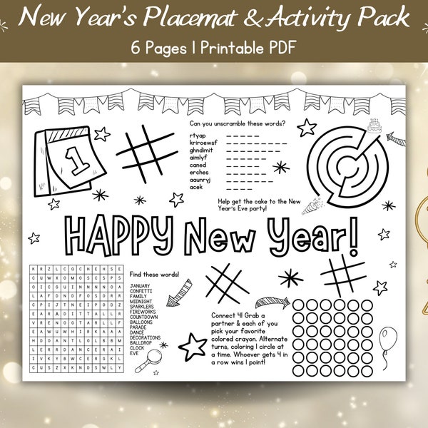 Afdrukbare nieuwjaarsactiviteit Placemat, nieuwjaarskleurplaten, activiteitenblad voor kinderen, oudejaarsavond, tijdcapsule, feestspellen, kunst, ambacht