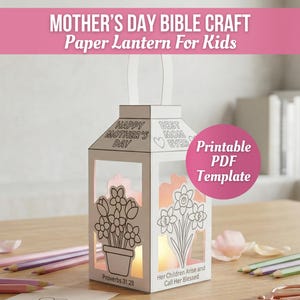 Bibelpyssel för barn med mors dag, utskrivbart pyssel med papperslykta, målaraktivitet, kristen söndagsskolepresent till mamma
