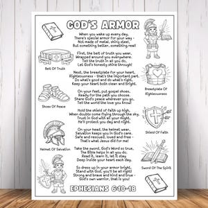May include: Black and white illustration of God's Armor, including a belt, shoes, helmet, shield, and sword, with accompanying text from Ephesians 6:10-18. The image is a coloring page, perfect for religious education and creative activities.