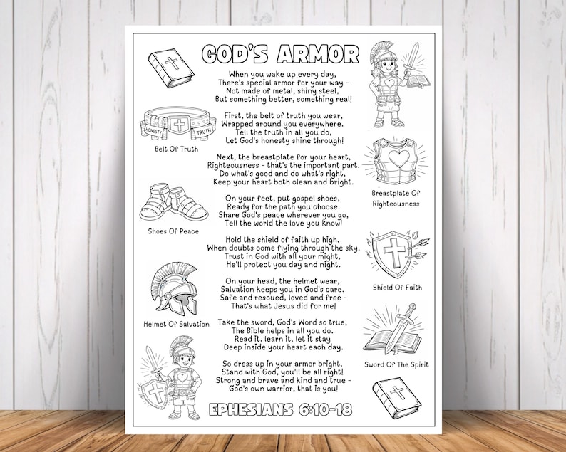 May include: Black and white illustration of God's Armor, including a belt, shoes, helmet, shield, and sword, with accompanying text from Ephesians 6:10-18. The image is a coloring page, perfect for religious education and creative activities.