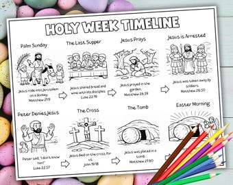 Holy Week Timeline Coloring Page Printable, Easter Bible Story Countdown Coloring, Sunday School Activity, Kids Bible Lesson, He Is Risen