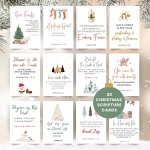 Op de afbeelding: Een verzameling van 20 kerstkaarten met bijbelteksten, elk met een uniek ontwerp en inspirerende citaten. De kaarten bevatten feestelijke afbeeldingen zoals kerstbomen en cadeaus, met tekst in elegante lettertypen.