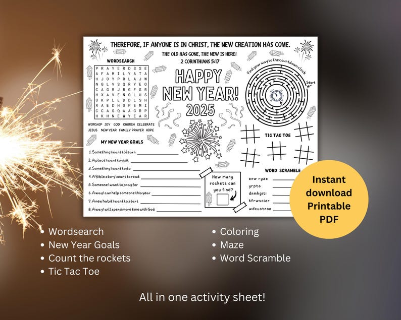 2025 New Year Activity Placemat, Coloring Page for Kids, Printable