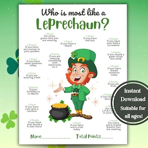 St. Patrick&#39;s Day Game 2024, Who Is Most Like A Leprechaun, Leprechaun Name, Printable Party Game, Kids & Adults, St Patty&#39;s Day Activity