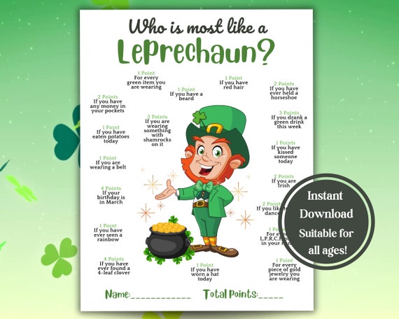 St. Patrick's Day Game 2026, Who Is Most Like A Leprechaun, Leprechaun Name, Printable Party Game, Kids & Adults, St Patty's Day Activity