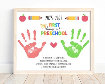 First Day of Preschool Pre-K Handprint Art, Kindergarten Preschool Handprint Craft, Handprint Poem Back To School Activity, 1st Day Keepsake