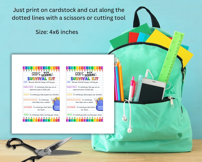 Op de afbeelding: Twee printbare kaarten met kleurpotloden en een rugzakontwerp. De kaarten zijn getiteld "God's School Survival Kit" en bevatten een lijst met items met beschrijvingen. De kaarten zijn 10,16 x 15,24 cm.