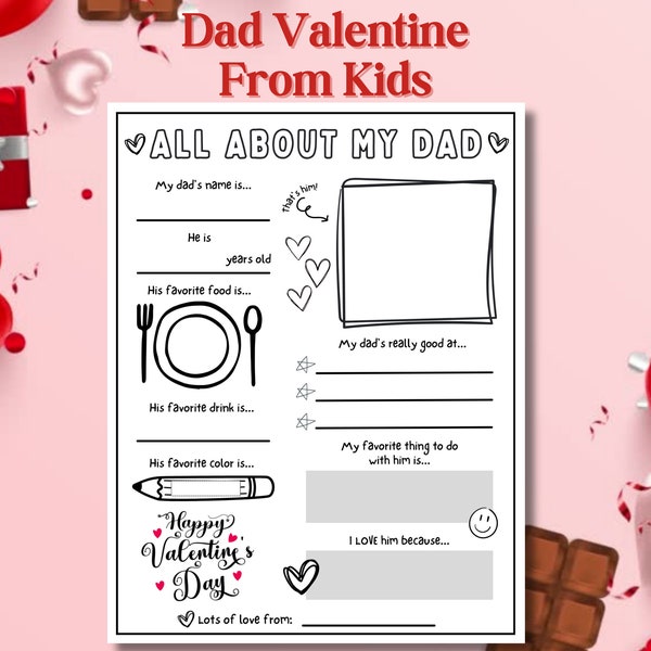 Dad Valentine From Kids, Printable, All About My Dad, Valentine's Day Gift For Dad, Personalized Keepsake Gift, Dad Coloring Page Activity