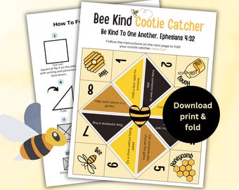 Kindness Summer Bible Craft, Bee Kind Activity, Sunday School VBS Kindness Cootie Catcher, Ephesians 4:32, Printable Template Fortune Teller