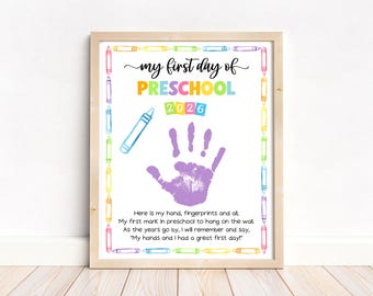 First Day Of Preschool 2026 Handprint Art, Back To School Handprint Craft Poem, Printable 1st Day Template, Homeschool Classroom Activity