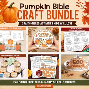 May include: A digital craft bundle titled Pumpkin Bible Craft Bundle featuring six faith-based activities for children. The set includes printable coloring pages, a pumpkin prayer wheel, a wreath craft, and a crown with the text God Picked Me.